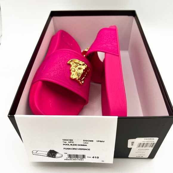 Women's Versace Barocco Palazzo Medusa Head Fuchsia Color Slides - Picture 11 of 15